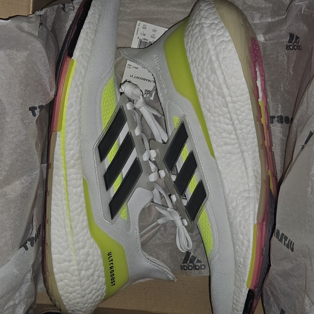 Adidas Ultraboost White and Neon Yellow Sneakers